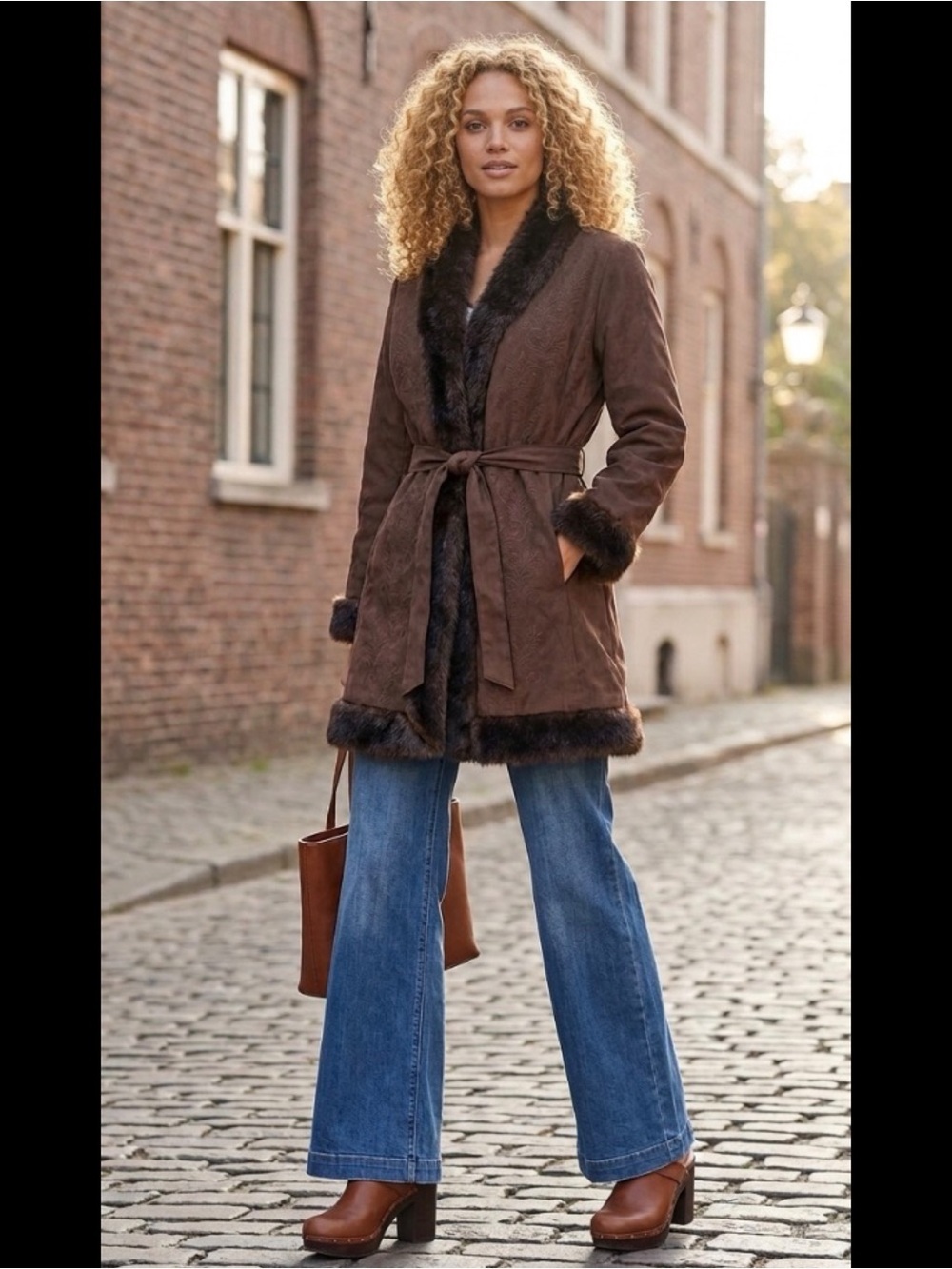 Vintage Nine West Penny Lane Brown Faux-Suede Tie-Waist Coat Faux-Fur Trim  M